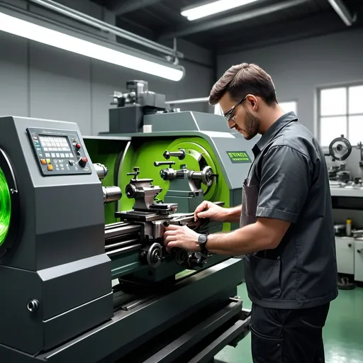 Prompt:  industrial engineer turning lathe,lathe machine pinacho ML-18-250, drark gray suit short sleeves and reflective green line,  scientist lab, realistic 