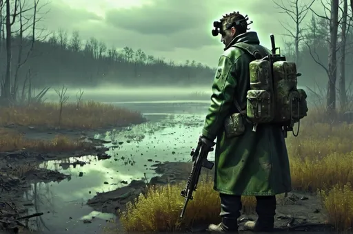 Prompt: post apocalyptic escene, New York city, fallout, walker, survivor man with rifle and flecktarn coat, in the ground small neongreen mushrooms, walker, cloud, dark, fog, forest and lake