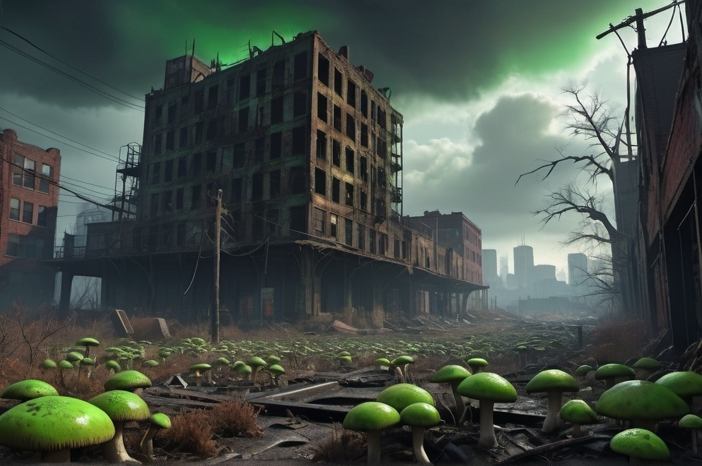 Prompt: post apocalyptic escene, boston city, fallout, walker, survivor, in the ground green neon Gliophorus mushrooms, walker, cloud, dark, fog, forest