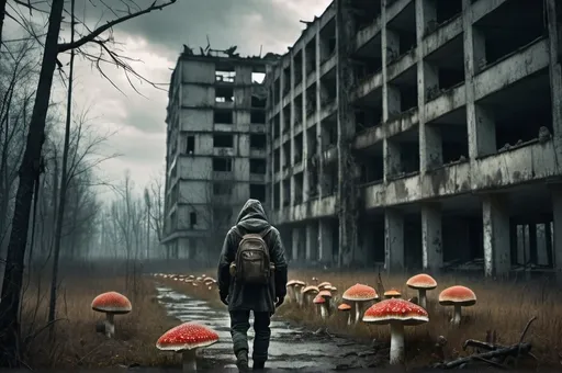 Prompt: post apocalyptic escene, pripyat city, fallout, walker, survivor, in the ground amanita muscaria mushrooms, walker, cloud, dark, fog, forest