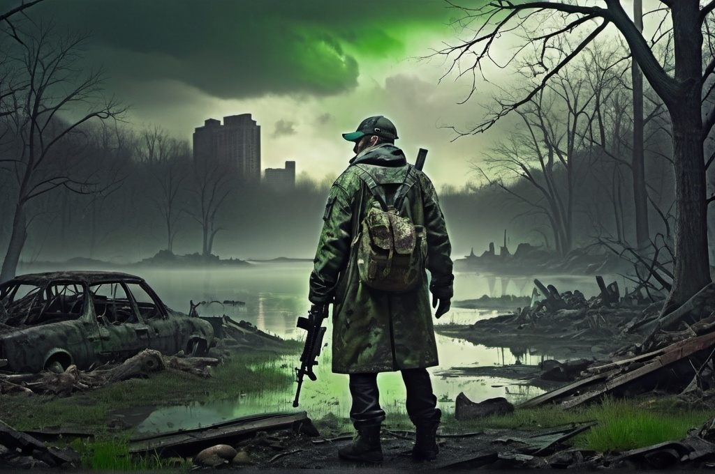 Prompt: post apocalyptic escene, New York city, fallout, walker, survivor man with rifle and flecktarn coat, in the ground small neongreen mushrooms, walker, cloud, dark, fog, forest and lake