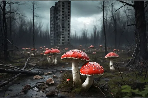 Prompt: post apocalyptic escene, pripyat city, fallout, walker, survivor, in the ground amanita muscaria mushrooms, walker, cloud, dark, fog, forest