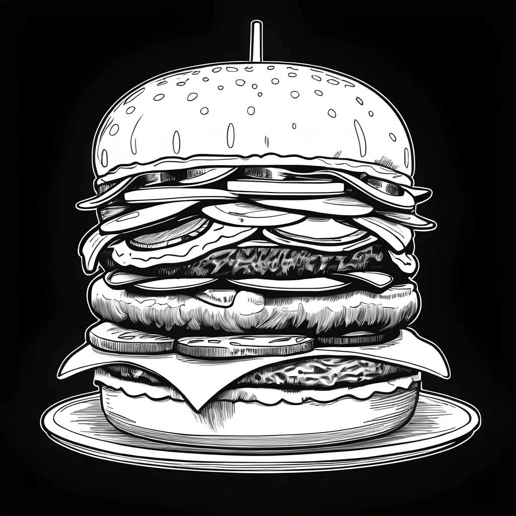 Prompt: cheeseburger with sliced ham swiss cheese and pickles lineart black and white