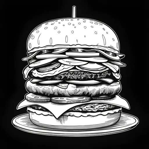 Prompt: cheeseburger with sliced ham swiss cheese and pickles lineart black and white