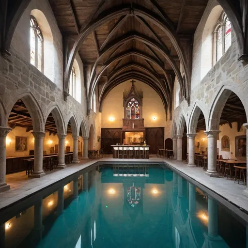 Prompt: a pool in a medieval church with a bar