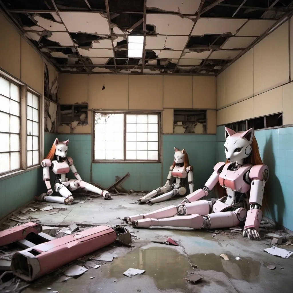 Prompt: broken remains of japanese anime fox girl robots in an abandoned pool room