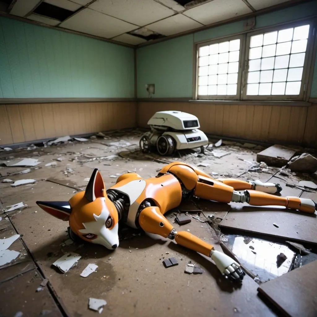 Prompt: broken remains of a japanese fox girl robots in a abandoned pool room