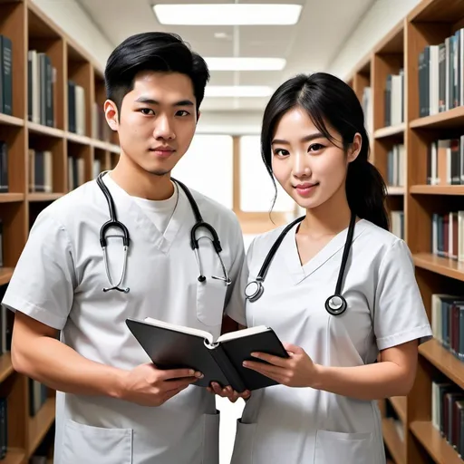 Prompt: cartoon digital art of smart male and female Asian nursing students, simple and clean design, digital art, library database, smart search, nursing students, minimalist, Asian, simple design, professional, focused, clean lines, modern, sleek, high quality, detailed, digital style