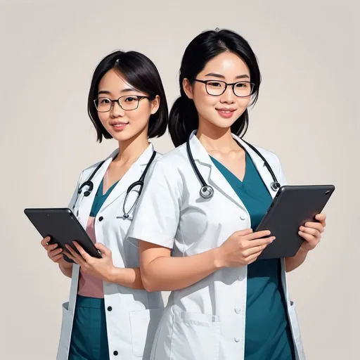 Prompt: cartoon digital art of smart male and female Asian nursing students, simple and clean design, digital art, using tablets, nursing students, minimalist, Asian, simple design, professional, focused, clean lines, modern, sleek, high quality, detailed, digital style