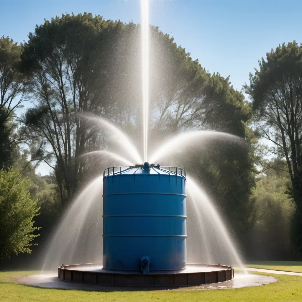 Prompt: "A large plastic water tank outdoors with water spraying out forcefully from behind it. The tank is positioned in the center of the image with a high-pressure arc of water shooting upwards and then falling down, creating a dynamic and dramatic effect. Water droplets are visible in the air, some catching the sunlight and sparkling brightly. The background includes a clear blue sky and a few trees, enhancing the natural setting. The ground around the tank is wet, reflecting the spray of water."