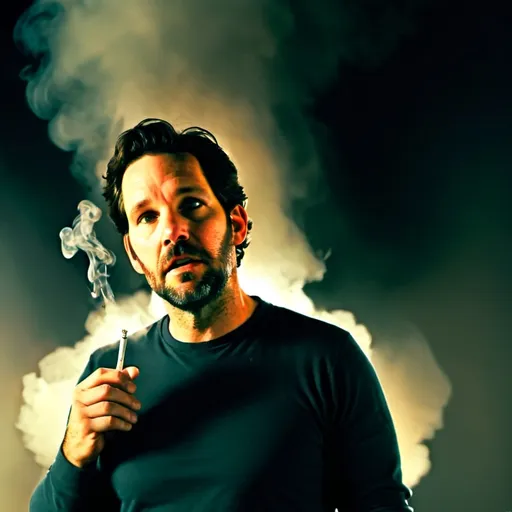 Prompt: (candid moment) Paul Rudd promoting cigarettes, charming expression, casual outfit, smoky background, warm ambient lighting, slightly grim atmosphere, emphasizing unhealthy lifestyle, intriguing visual contrast, captivating gaze, a hint of mischief, high quality, ultra-detailed, 4K.