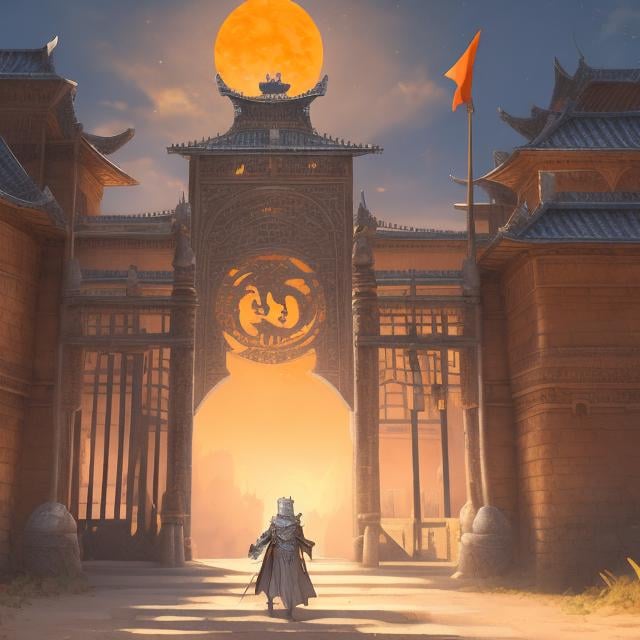 Prompt: Picture a knight who is holding a flag and is in front of the gate of a palace and is under an orange moon