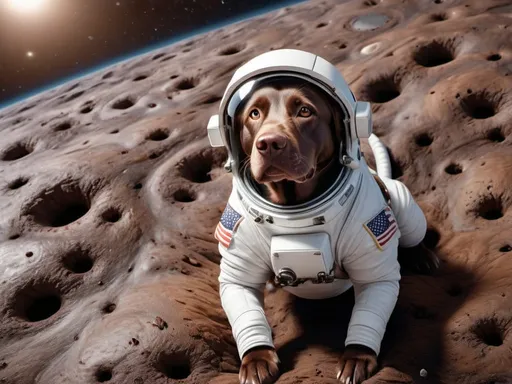Prompt: Chocolate lab astronaut floating in space, realistic digital rendering, astronaut suit details, cosmic background, high quality, realistic, detailed fur texture, space, astronaut, realistic, cosmic background, digital rendering, chocolate lab, floating, detailed astronaut suit, high quality, realistic, detailed fur texture, space, astronaut, cosmic background