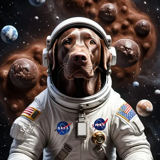 Prompt: Chocolate lab astronaut floating in space, realistic digital rendering, astronaut suit details, cosmic background, high quality, realistic, detailed fur texture, space, astronaut, realistic, cosmic background, digital rendering, chocolate lab, floating, detailed astronaut suit, high quality, realistic, detailed fur texture, space, astronaut, cosmic background
