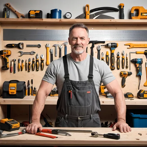 Prompt: "A fit man holding tools, with electric and manual tools hanging in the background and a workbench visible."