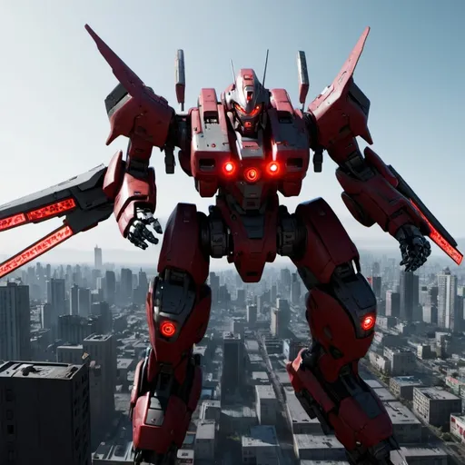 Prompt: Mecha with one red eye, flying over a city, full-body, cinematic render