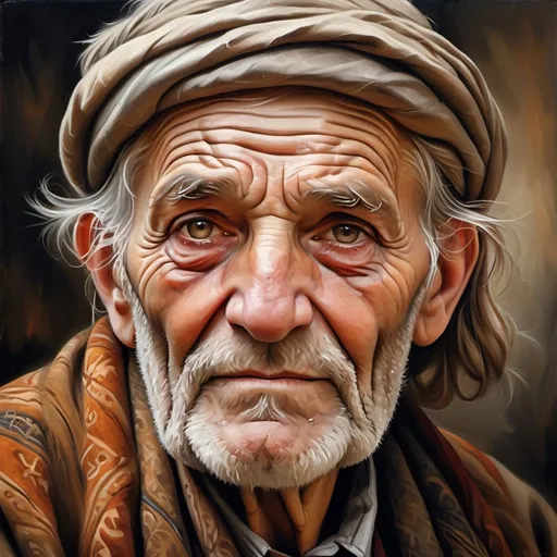 Prompt: Realistic oil painting of an old Georgian man, weathered and wise, traditional Georgian attire, intricate patterns and textures, expressive eyes with a hint of sadness, wrinkled and kind smile, warm and earthy color palette, soft natural lighting, high quality, realistic, traditional, emotional portrait, detailed facial features, textured clothing, warm tones, atmospheric lighting background to be nature and low cuality picture
