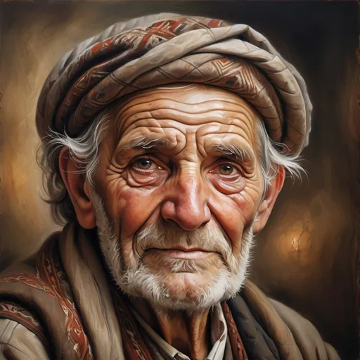Prompt: Realistic oil painting of an old Georgian man, weathered and wise, traditional Georgian attire, intricate patterns and textures, expressive eyes with a hint of sadness, wrinkled and kind smile, warm and earthy color palette, soft natural lighting, high quality, realistic, traditional, emotional portrait, detailed facial features, textured clothing, warm tones, atmospheric lighting background to be nature and low cuality picture
