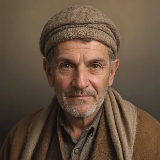 Prompt: Realistic oil painting of an old Georgian man, weathered and wise, traditional Georgian attire, intricate patterns and textures, expressive eyes with a hint of sadness, wrinkled and kind smile, warm and earthy color palette, soft natural lighting, high quality, realistic, traditional, emotional portrait, detailed facial features, textured clothing, warm tones, atmospheric lighting