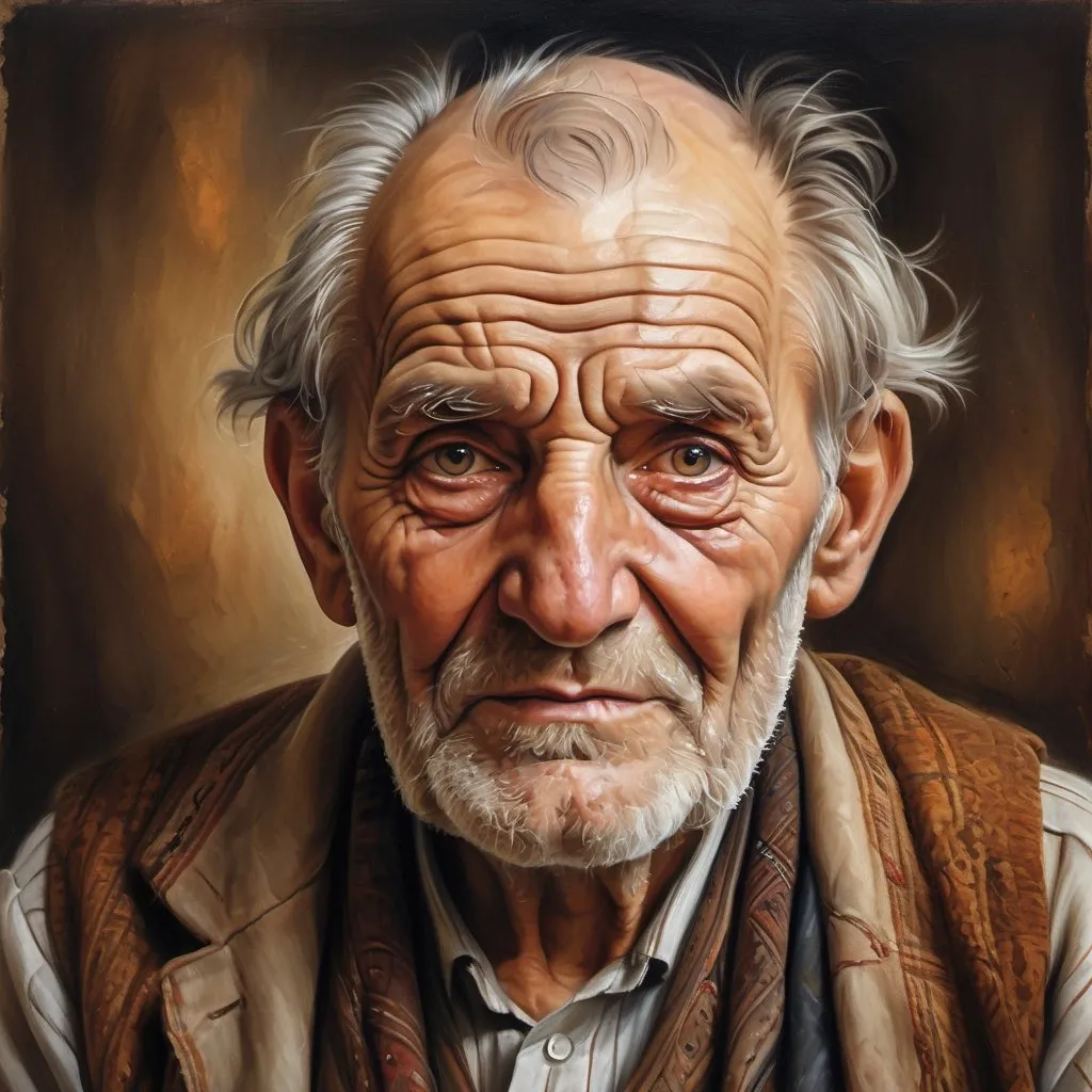 Prompt: Realistic oil painting of an old Georgian man, weathered and wise, traditional Georgian attire, intricate patterns and textures, expressive eyes with a hint of sadness, wrinkled and kind smile, warm and earthy color palette, soft natural lighting, high quality, realistic, traditional, emotional portrait, detailed facial features, textured clothing, warm tones, atmospheric lighting