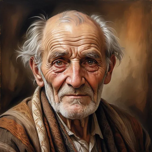 Prompt: Realistic oil painting of an old Georgian man, weathered and wise, traditional Georgian attire, intricate patterns and textures, expressive eyes with a hint of sadness, wrinkled and kind smile, warm and earthy color palette, soft natural lighting, high quality, realistic, traditional, emotional portrait, detailed facial features, textured clothing, warm tones, atmospheric lighting
