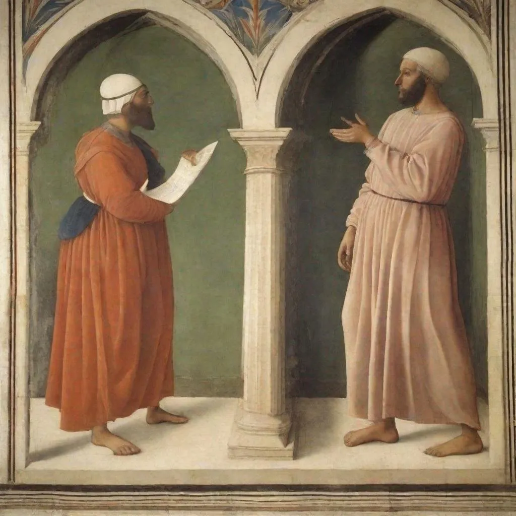 Prompt: A young christian and a young muslim without beards debating like philosophers. Piero della Francesca style woman . Renaissance, fresco, mathematical, religious 