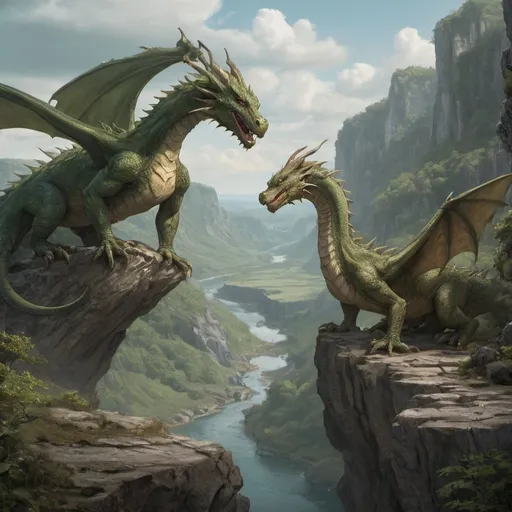 Prompt: A brown-green dragon looking out from a high rocky cliff, the view is a deserted and swampy landscape, with two dragons fighting far away