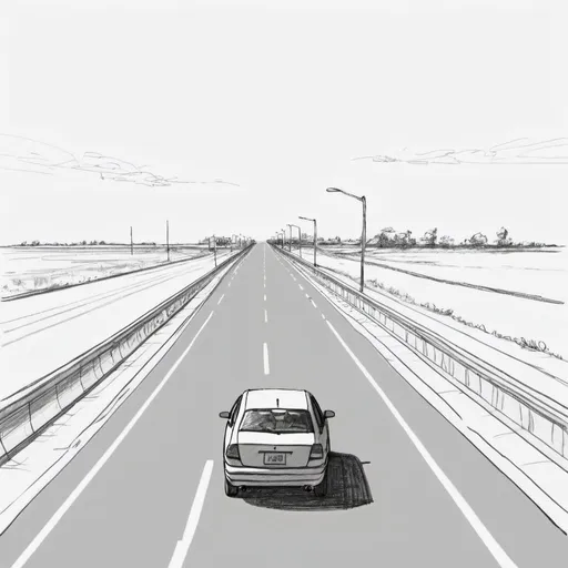 Prompt: a sketched highway with a single car on it