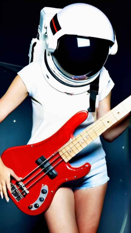 Prompt: Girl in shorts with astronaut helmet playing bass on space
