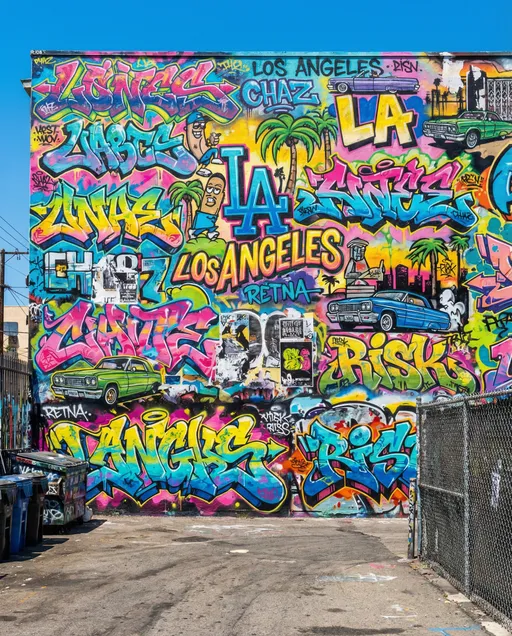 Prompt: Design a front-view wall that is covered in vibrant, creative  Los Angeles-style graffiti.