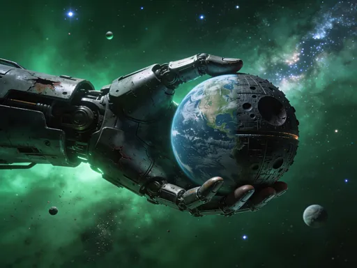 Prompt: a robotic wartorn arm holding planet earth, in its palm, but half of the planet looks like the Death Star from star wars . add a green outer space glowing background with small planets and milkyway 