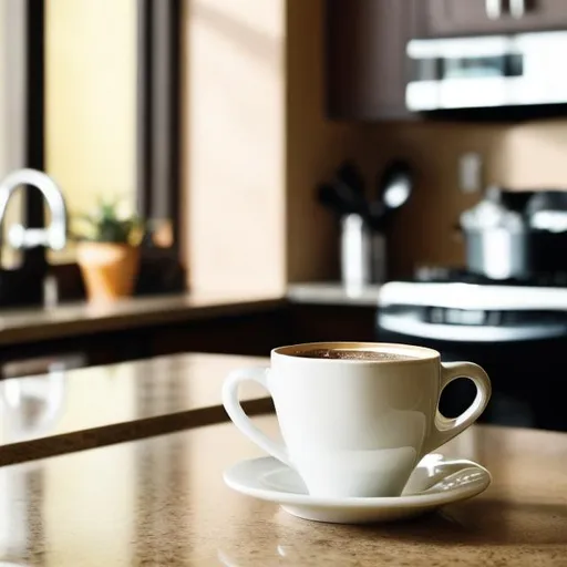 Prompt: hot coffee cup on the counter in kitchen



