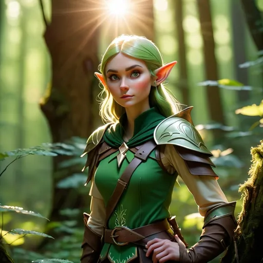 Prompt: Elf ranger in a mystical forest around sunlight