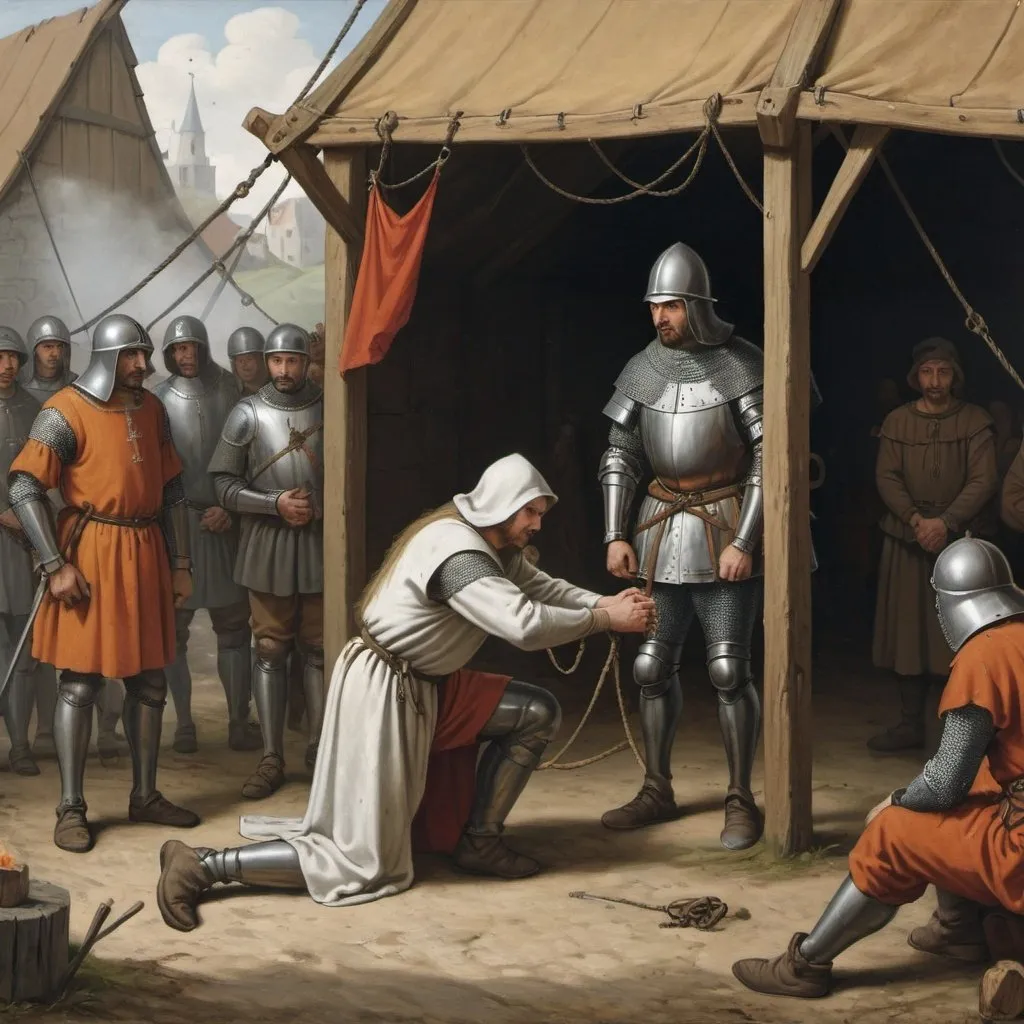 Prompt: a medieval scene with a guard watching over a prisoner tied up in a camp