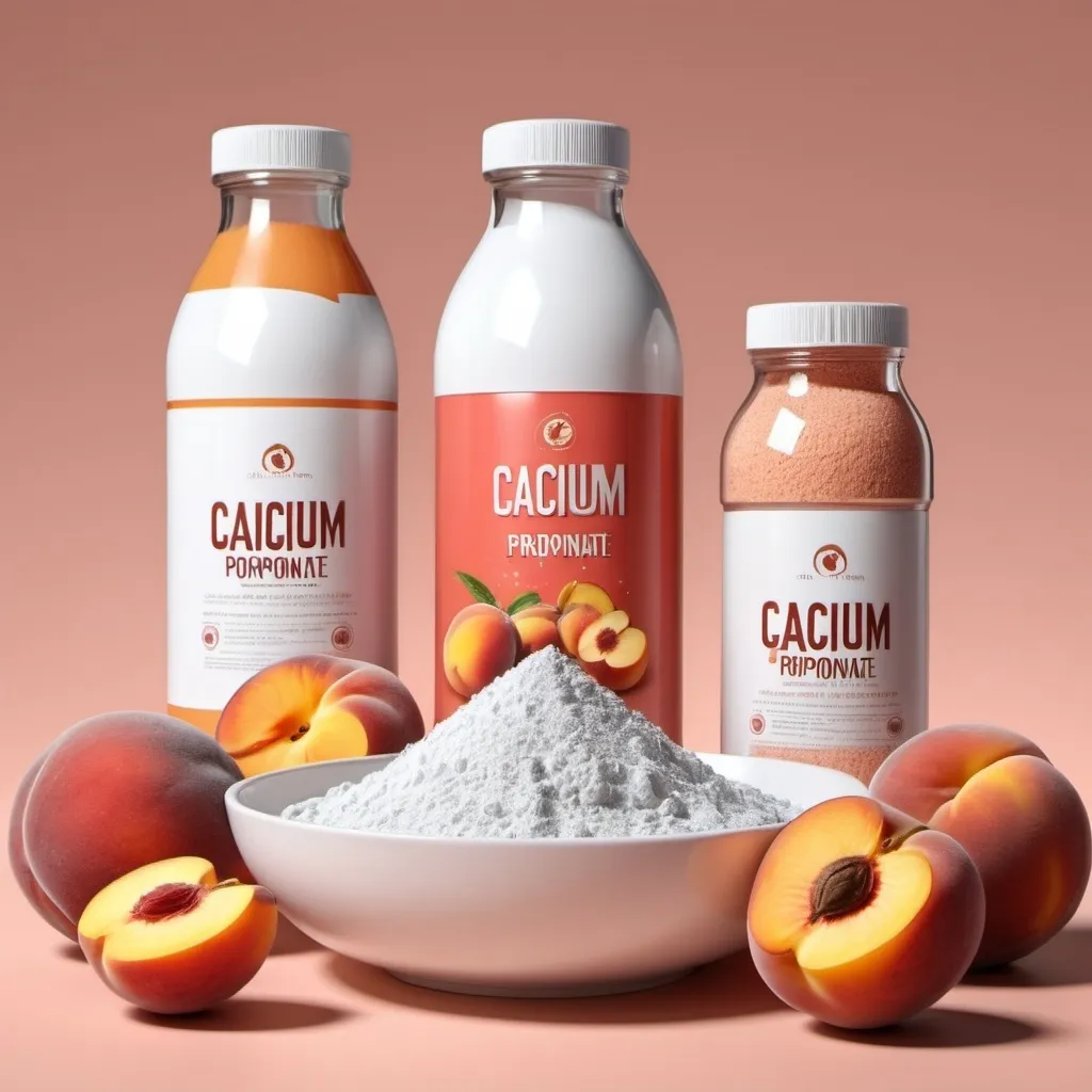 Prompt: 3d poster 4k hd  make a poster for cacium propionate and give a clear heading [Calcium Propionate] used bottles and bowls filled with powder and used food preserves things and give a aesthetic peachy look background .