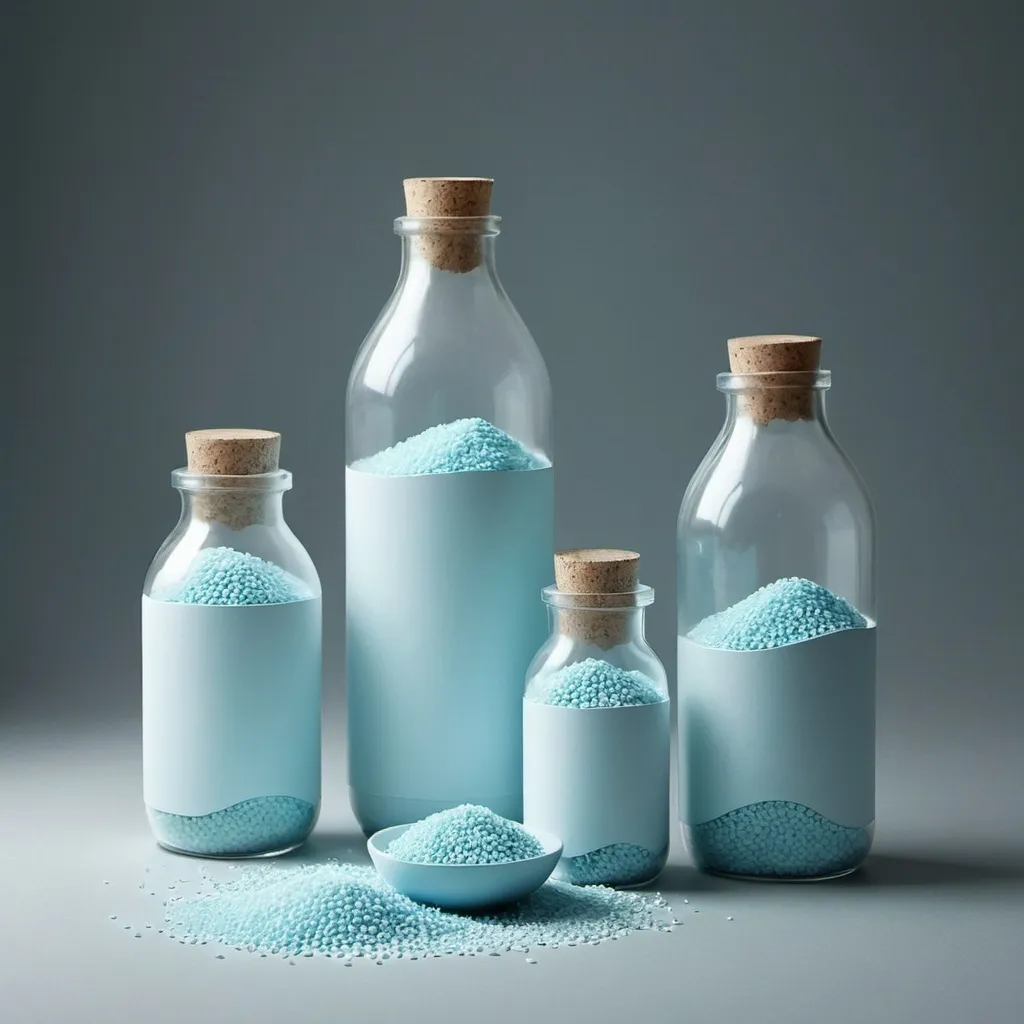 Prompt: product post take 2 plastic bottles lookin like a medicine white bottle and use packets and bowls filled with granules and give light bluish background for atmosphere 