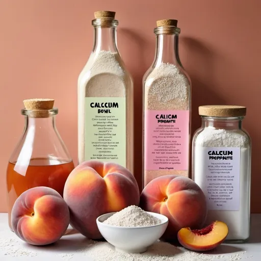 Prompt: make a digital poster for calcium propionate and don't write anything don't use any fonts and background is peachy colours and used bottles and bowls filled powder and used food preserves like fruits and coikies and bread and all and used old mirror bottles and enhance the granules of the pretry bowl