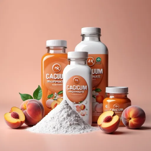 Prompt: 3d poster 4k hd  make a poster for cacium propionate and give a clear heading with descent font  [Calcium Propanoate] used bottles and bowls filled with powder and used food preserves things and give a aesthetic peachy look background .