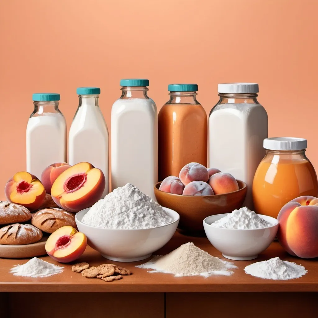 Prompt: make a digital poster for calcium propionate and don't write anything don't use any fonts and background is peachy colours and used bottles and bowls filled powder and used food preserves like fruits and coikies and bread and all