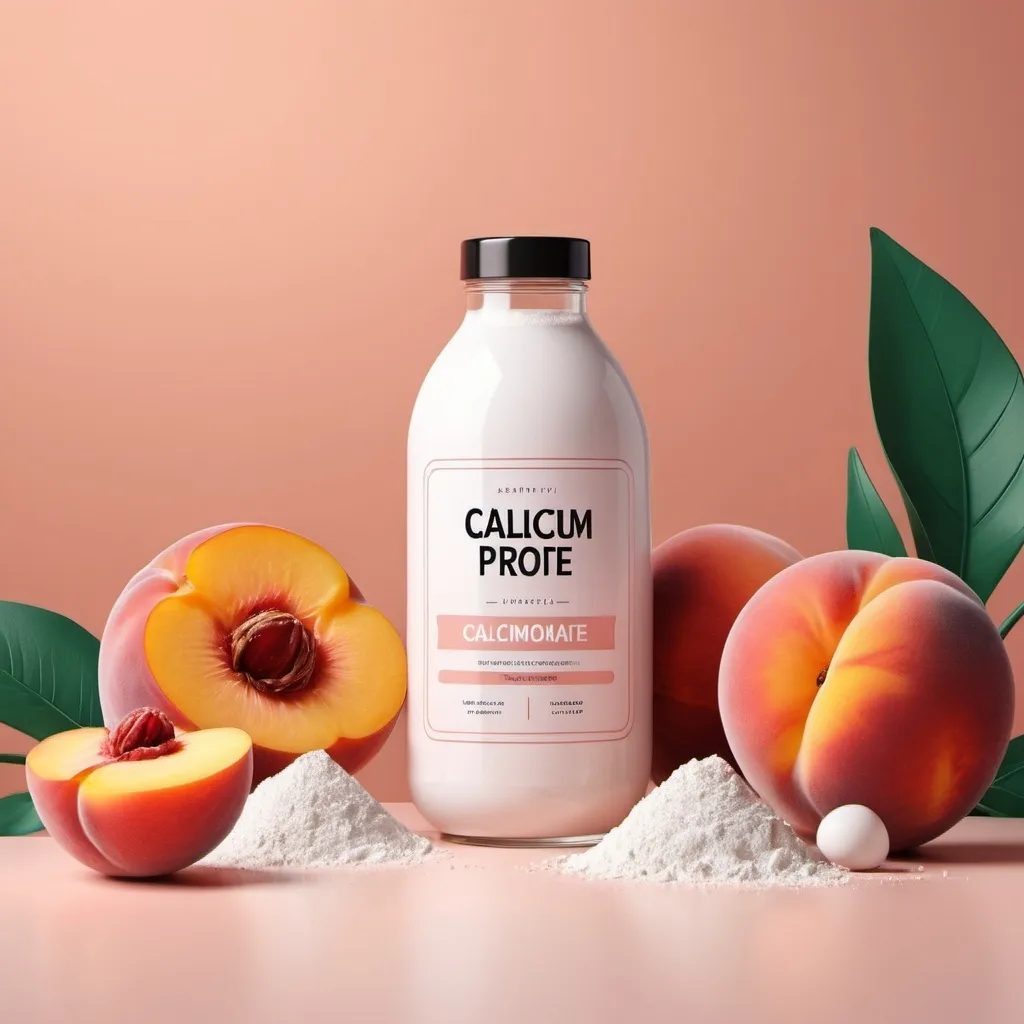 Prompt: 3d poster 4k hd  make a poster for cacium propionate and give a clear heading with descent font  [Calcium Propanoate] used bottles and bowls filled with powder and used food preserves things and give a aesthetic peachy look background .