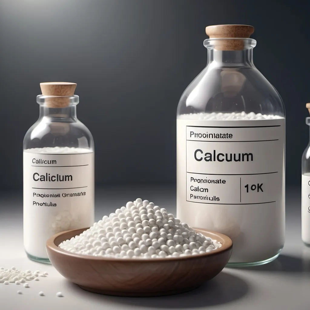 Prompt: make a structure of calcium propionate chemical structure in the background and use 2bottles filled with calcium propionate granules and bowl