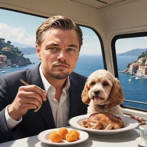 Prompt: Leonardo DiCaprio and a adult light cream cockapoo with apricot ears and wavy hair eating a rotisserie chicken in a helicopter over Portofino, Italy, digital illustration, detailed facial features, high quality, realistic, bright and vibrant, scenic coastal view, Italian coastal landscape, luxurious helicopter interior, detailed and realistic expressions, modern, professional, cinematic lighting, sunny and warm tones