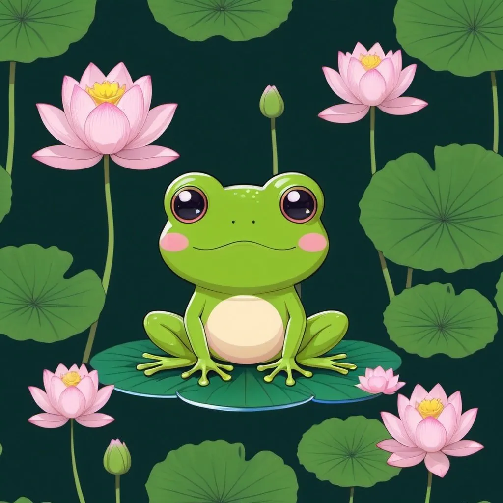 cute kawaii frog with a lotus flower