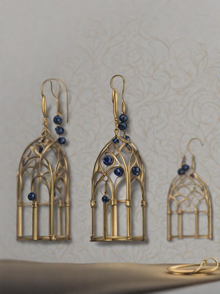 Prompt: drawing of earrings in the Gothic style. They look like arches, but are divided into sections in which dark blue stones are inserted.
earrings with French lock in gold
