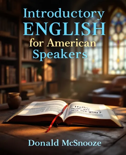 Prompt: please create an image that i can use for the cover of my book. I need it to include the title of the book which is "Introductory English for American Speakers" and the author name is "Donald McSnooze"