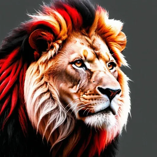 Prompt: make a picture of a really cool lion the colour red black grey and white make it look possessed and evil

