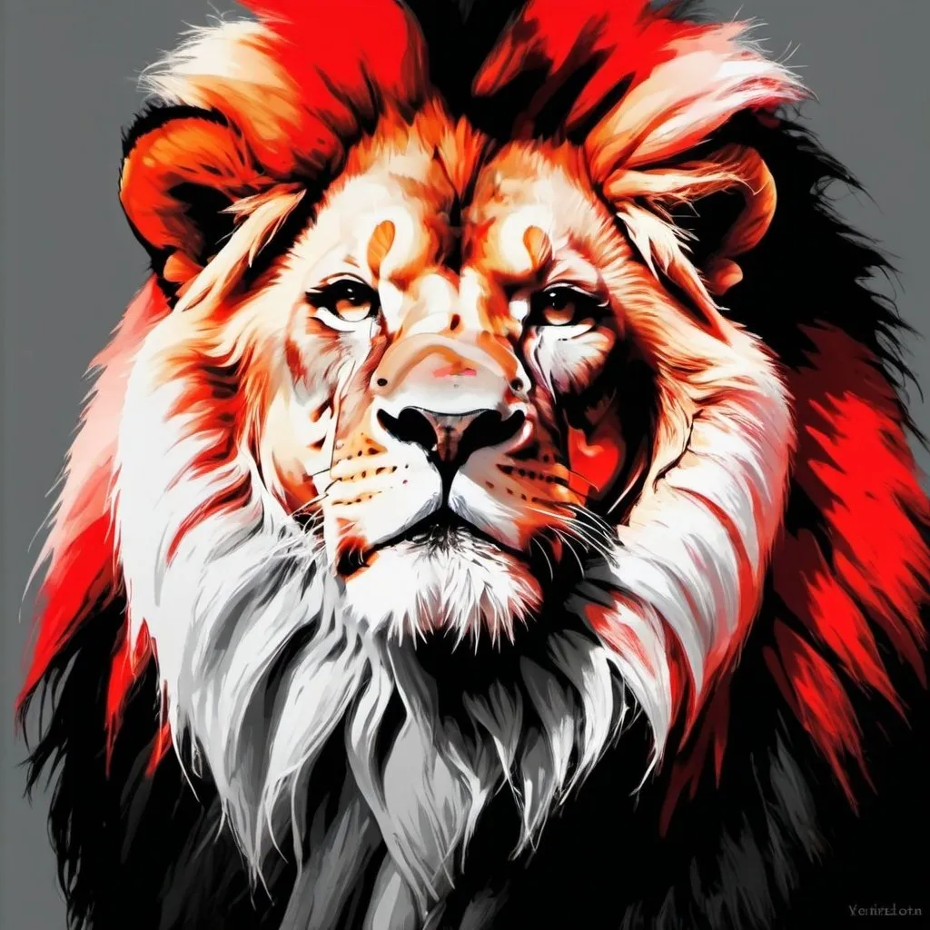 Prompt: make a picture of a really cool lion the colour red black grey and white
