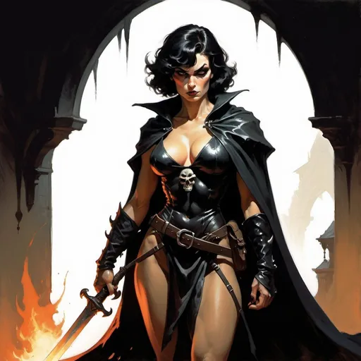 Prompt: from DND, in the art style of frank frazetta, a tall muscular rogue woman with short dark hair, in a dark cloak. She has dark eyeshadow and black eyes. She is mean and vindictive and dangerous. She hides in the shadows and preys upon the wicked. she carries a flaming sword. she has scars on her face and body. she hides in the shadows ready to strike. she has a bag of devouring at her side. she is a master of disguise and illusion.