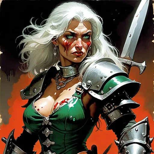 Prompt: from DND, in the art style of frank frazetta, A harsh-looking battle-worn woman, with shining silver hair, sparkling emerald eyes, a few scars on her face. She wears a non-descript form-fitting breastplate. The butcher's bib hangs over her armor, and casually drips tomato juice. She carries a great-axe