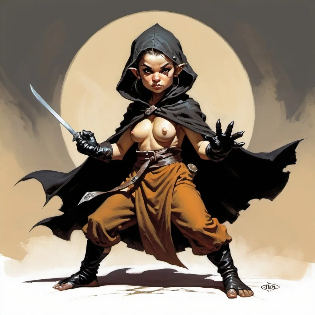 Prompt: from DND, in the art style of frank frazetta, a small female halfling monk, dressed in a black hooded cloak, with a black elbow-length glove on her right hand . she is in a fighting pose
